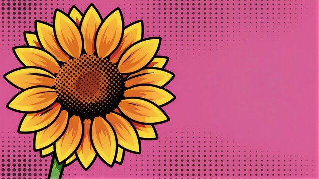 Vibrant sunflower with bold yellow petals on pink background, pop art style.