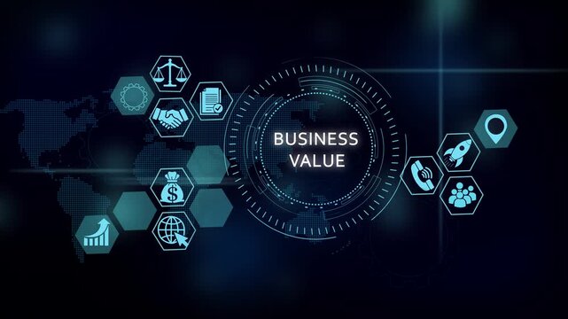 Business value digital hud interface with global network icons and corporate data analytics motion digital interface