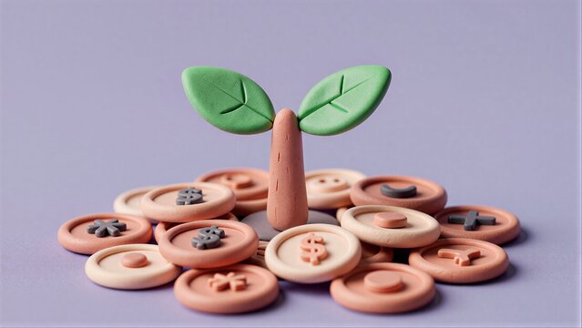 A clay tree grows from buttons, symbolizing growth through small financial steps.