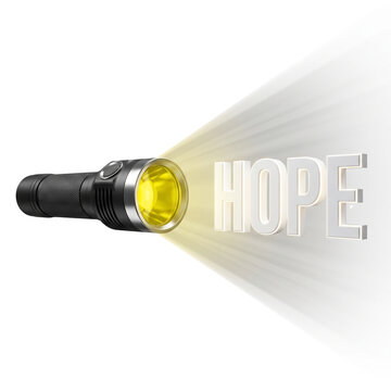 Black flashlight shining a bright yellow beam of light forming the word hope with positive message positive thinking future vision forward thinking