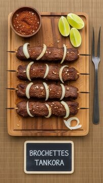 Overhead view of traditional African Tankora beef skewers on a wooden board with a chalkboard, sliced onions, spice rub, and lime on a woven mat.