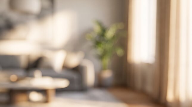 Abstract blurred modern living room interior with warm sunlight through window and cozy home background