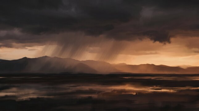 Rain falling at dusk over dark mountain silhouettes, golden orange sunset light breaking through heavy storm clouds and reflecting on wet ground