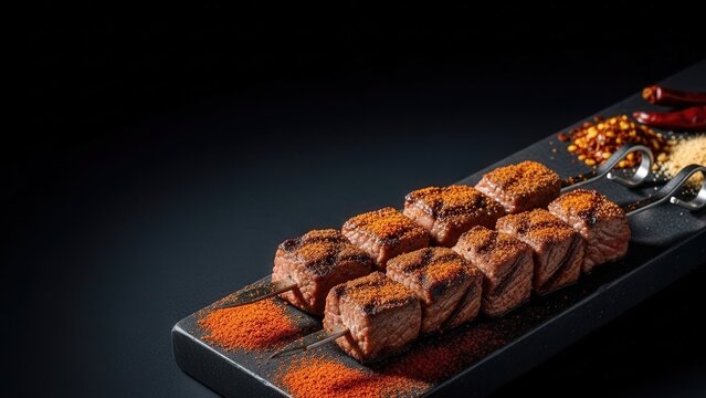 Fine dining presentation of African tankora spiced beef brochettes on a dark stone plinth with chili flakes, peanut powder, and dramatic negative space.