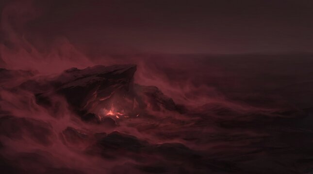 Smoldering red mist swirling over dark jagged rocks with glowing embers, ominous crimson volcanic haze creating a dramatic hellish landscape atmosphere