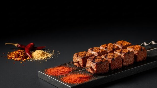 Fine dining presentation of African tankora spiced beef brochettes on a dark stone plinth with chili flakes, peanut powder, and dramatic negative space.