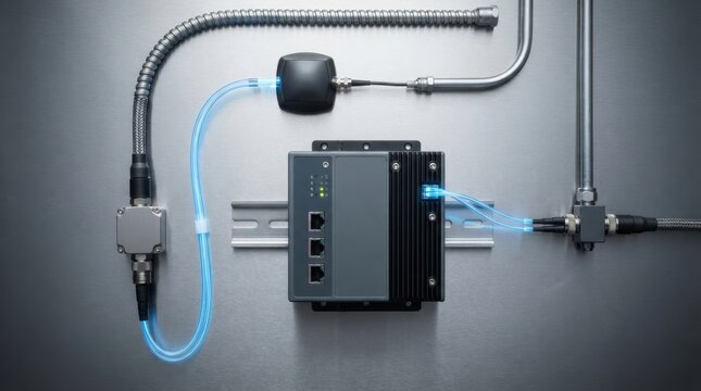 Edge gateway, MEMS vibration sensor, antenna module, industrial gateway box, and metal conduit on a brushed steel surface.