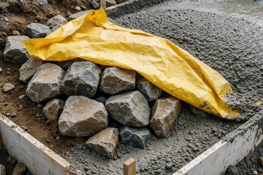 Workers pour wet cement into wooden formwork for house foundation. Large stones, gravel fill base under yellow tarp at construction site. New building project starts with concrete pouring, steel