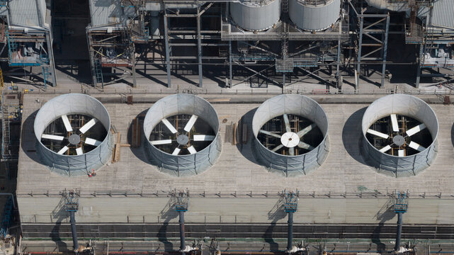 Aerial view of the large industrial cooling fans on the roof of the Edmonton Solid Waste Incineration Plant in London, England, United Kingdom.