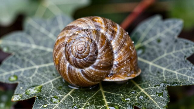 A snail with a brown spiral shell rests on a dewy green leaf.