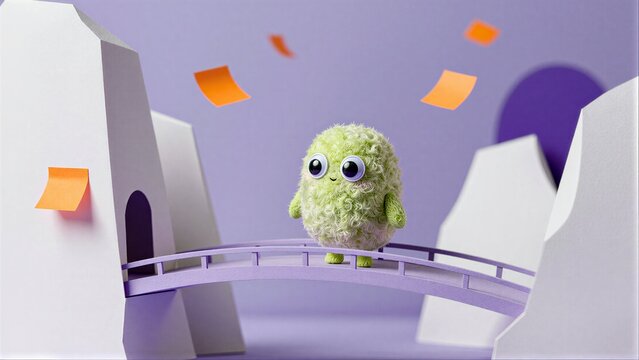Cute green plush character crosses a bridge between white cliffs with orange confetti falling.