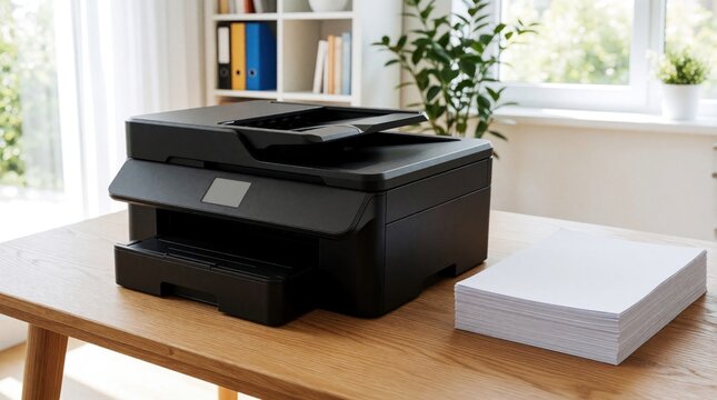 Black multifunction printer with stack of white paper on wooden desk. Modern office equipment sits in bright room with natural light. Copier, scanner, inkjet device ready for work in home office