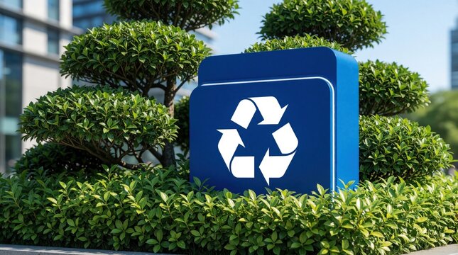 Blue recycling symbol sign stands among green bushes in modern city. Large white arrows icon promotes eco friendly waste management, sustainability. Urban green plants surrounds recycling emblem to