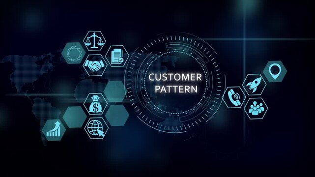 Customer pattern digital hud interface with global business icons and data analytics motion consumer behavior