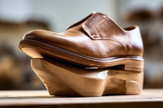 Handmade brown leather dress shoe resting on a carved wooden shoe last in a cobbler's workshop with soft natural light and blurred background
