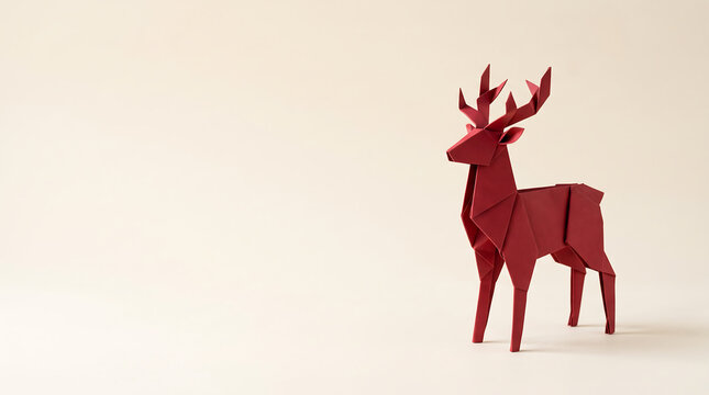 Crimson origami reindeer stands against a neutral ivory backdrop