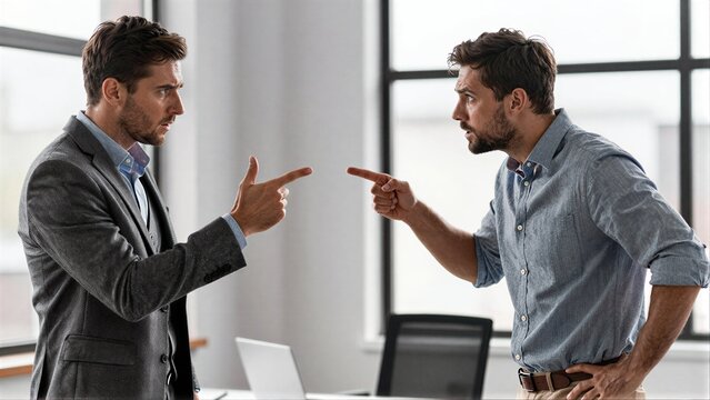 Three men in an office argue, one pointing accusingly at another.