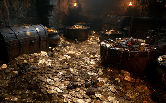 Secret treasure vault with overflowing gold coins and shiny jewelry in underground chamber