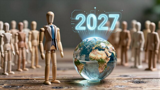 Wooden figure stands before globe marked 2027, surrounded by crowd of identical figures.