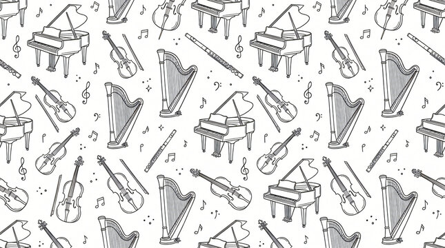 Seamless pattern of hand drawn classical orchestral musical instruments with grand pianos violins cellos harps and flutes in minimal line art style on solid white background for print