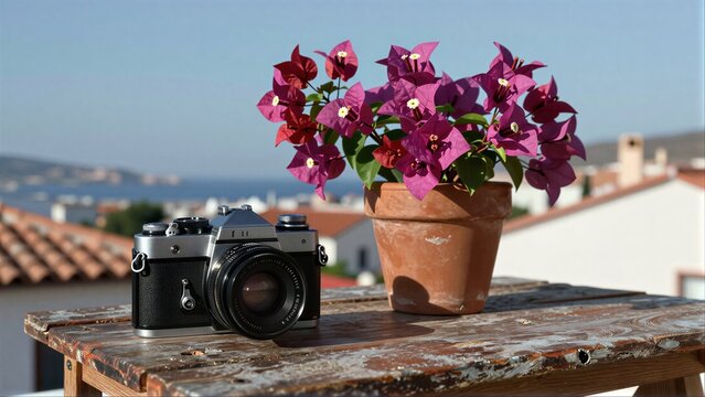 Vintage camera beside vibrant flowers on a sunlit rooftop table.