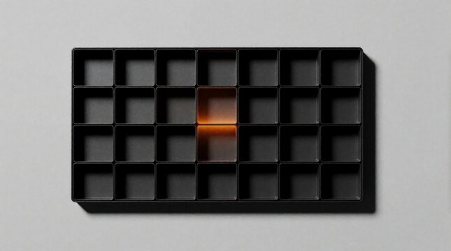 Dark modular tray with many empty square compartments. One single orange glowing cell stands out from grid. Concept of audit review, exception monitoring, risk detection system error. Minimalist