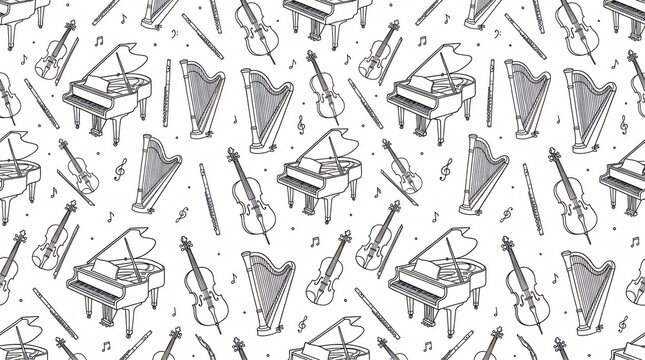 Seamless pattern of hand drawn classical orchestral musical instruments with grand pianos violins cellos harps and flutes in minimal line art style on solid white background for print