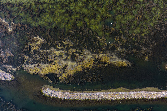 Aerial view of the rocky breakwater and seaweed-covered shallows at Europoort Rotterdam, South Holland, Netherlands.