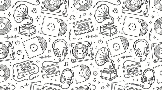 Seamless pattern of hand drawn retro audio equipment and vinyl records with gramophones turntable players cassette tapes and headphones in minimal line art style on white background