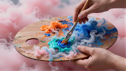 Fototapeta premium Hands paint swirling colors on a palette with misty, dreamlike background.