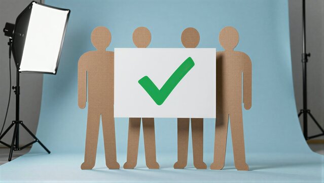 Cardboard figures hold a green checkmark sign in a studio setting.
