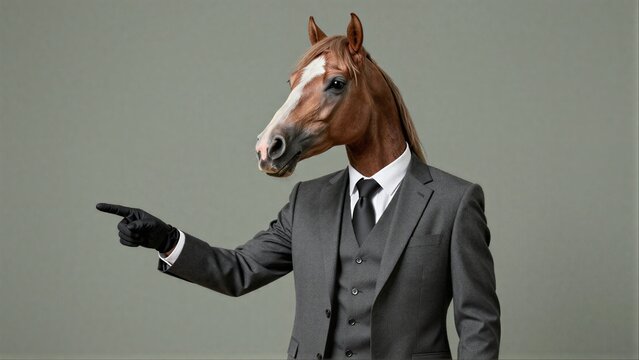 A horse in a suit points, blending business formality with animal whimsy.