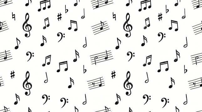 Seamless pattern of hand drawn musical notation notes and symbols with treble clefs bass clefs eighth notes and staves in minimal line art style on solid white background for fabric