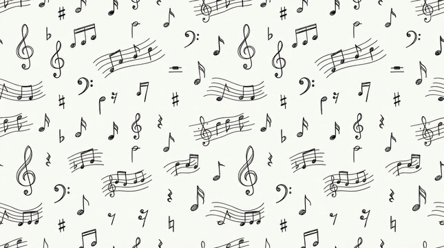 Seamless pattern of hand drawn musical notation notes and symbols with treble clefs bass clefs eighth notes and staves in minimal line art style on solid white background for fabric