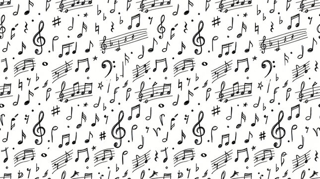 Seamless pattern of hand drawn musical notation notes and symbols with treble clefs bass clefs eighth notes and staves in minimal line art style on solid white background for fabric