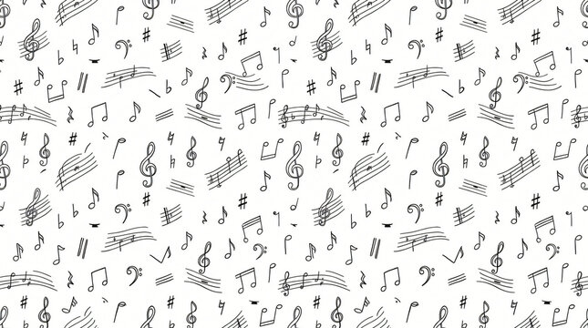 Seamless pattern of hand drawn musical notation notes and symbols with treble clefs bass clefs eighth notes and staves in minimal line art style on solid white background for fabric