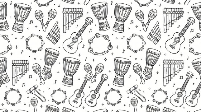 Seamless pattern of hand drawn ethnic world musical instruments with djembe drums maracas pan flutes ukuleles and tambourines in minimal line art style on solid white background