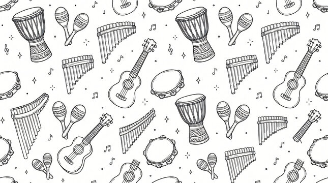 Seamless pattern of hand drawn ethnic world musical instruments with djembe drums maracas pan flutes ukuleles and tambourines in minimal line art style on solid white background