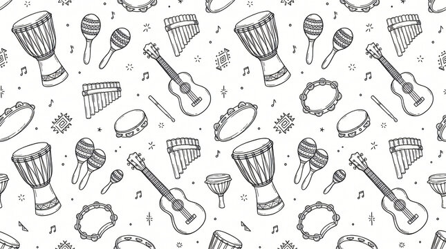 Seamless pattern of hand drawn ethnic world musical instruments with djembe drums maracas pan flutes ukuleles and tambourines in minimal line art style on solid white background