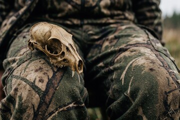 Fototapeta premium Small animal skull rests on camo hunting pants. Wild mammal bone skeleton sits on hunter legs in forest. Close up of predator skull used for biology research wildlife study. Natural decay anatomy