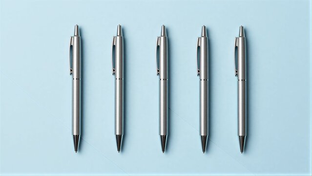 Five silver pens aligned neatly on a soft blue background.