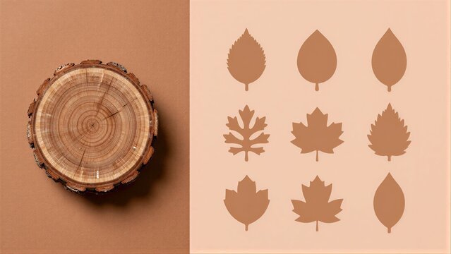 Tree ring slice beside leaf silhouettes, earthy tones, minimalist design.
