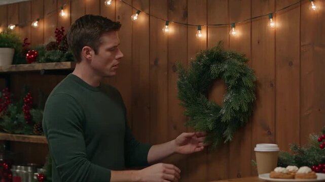 Young man decorating rustic wooden wall with green Christmas wreath and warm holiday string lights
