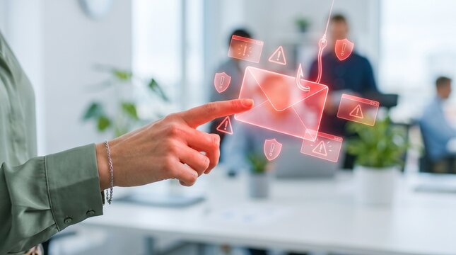 Woman Pointing at Phishing Email Warning Hologram in Office