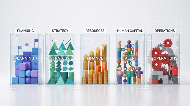 Professional Management Co - Four clear boxes with different types of business items