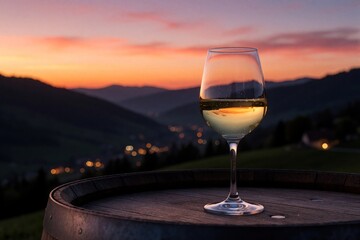 Naklejka premium Glass of white wine sits on wooden barrel during sunset. Scenic mountain landscape with village lights at dusk. Calm evening atmosphere in rural countryside. Relaxing vacation mood with beautiful