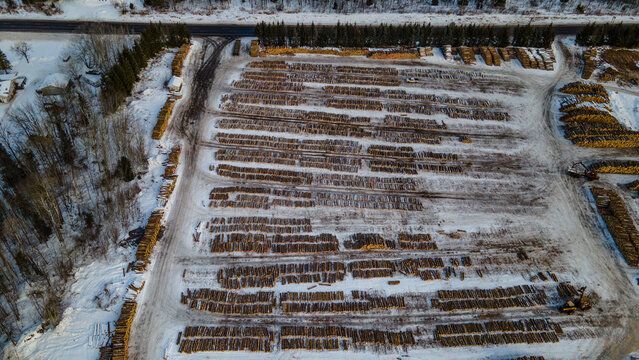 Aerial view of the lumberyard with rows of logs covered in snow during winter in Baraga, Michigan, United States.