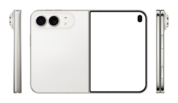 Detailed folded white new mobile phone mockup. Front, side and rear smartphone view isolated on transparent background. Vector PNG