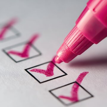 Pink marker pen marking checkboxes on a white paper checklist symbolizing task completion and organized productivity in close-up view