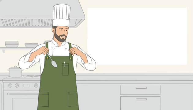 Professional chef carefully adjusts his green apron while standing inside a clean modern commercial kitchen.